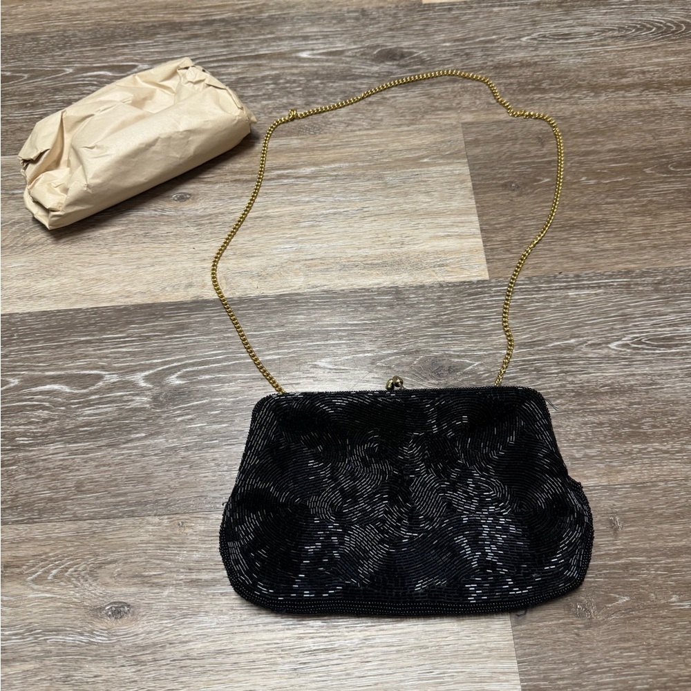 Black Evening Clutch with Gold Chain - Picture 1 of 2